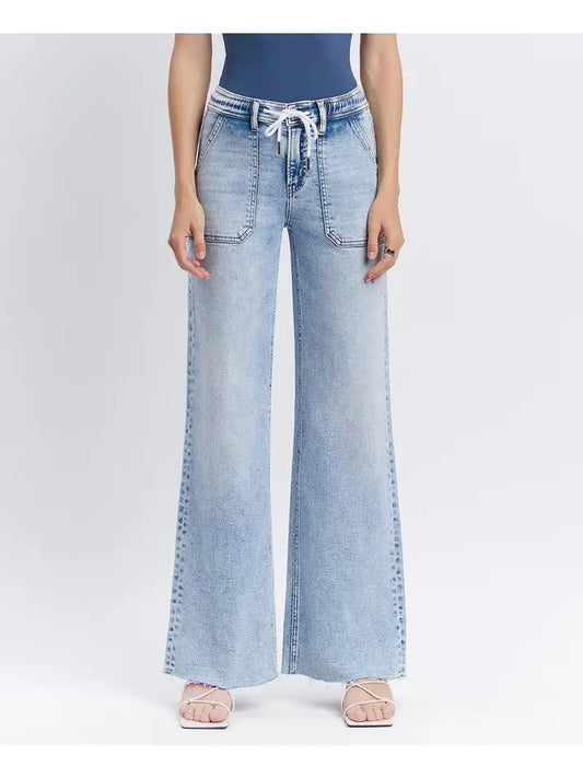 High Rise Drawstring Waistband Wide Leg Jeans - Flying Monkey