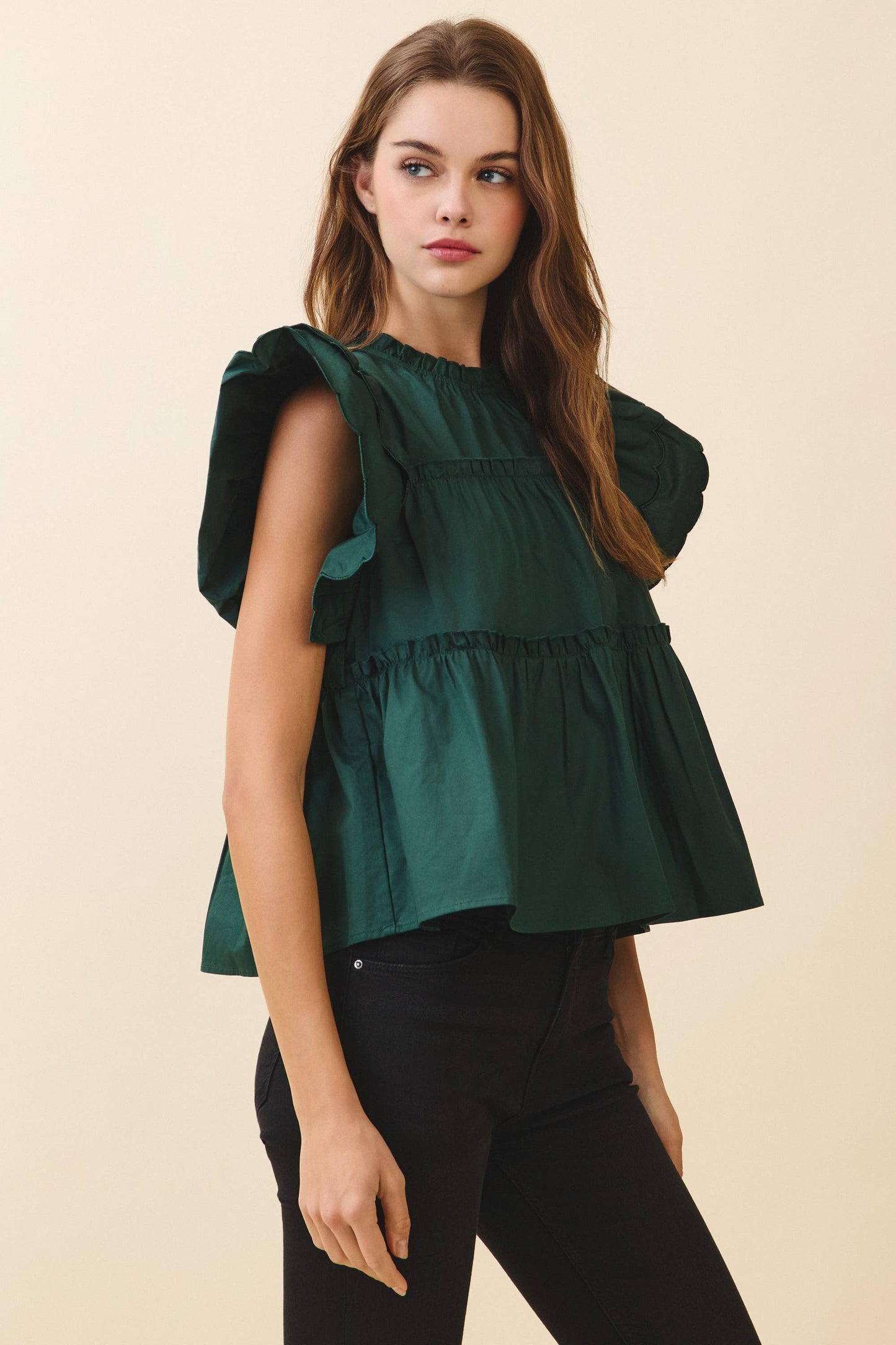 Mildred Dramatic Ruffle Sleeves Detail Tiered Poplin Top