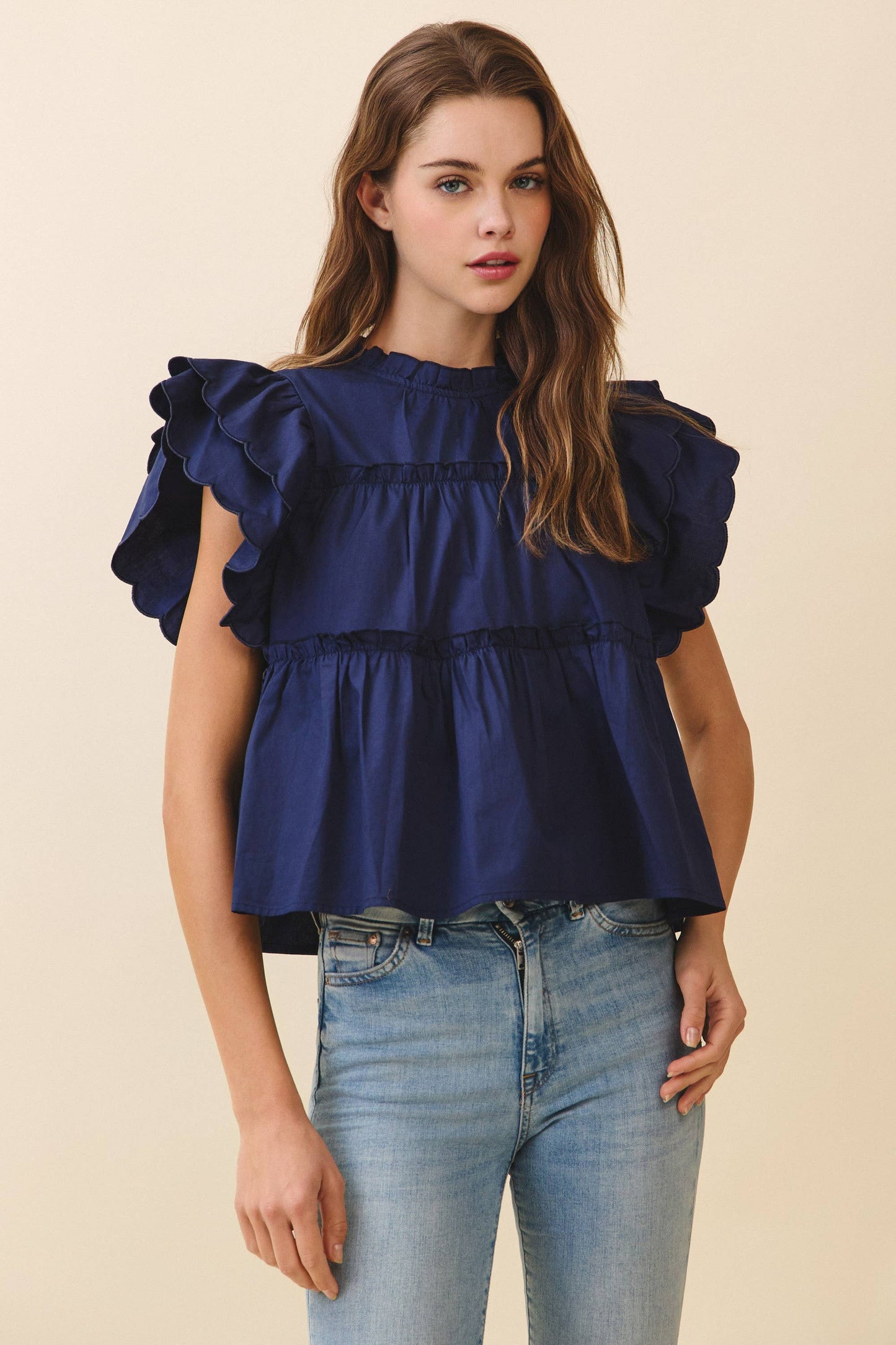 Mildred Dramatic Ruffle Sleeves Detail Tiered Poplin Top